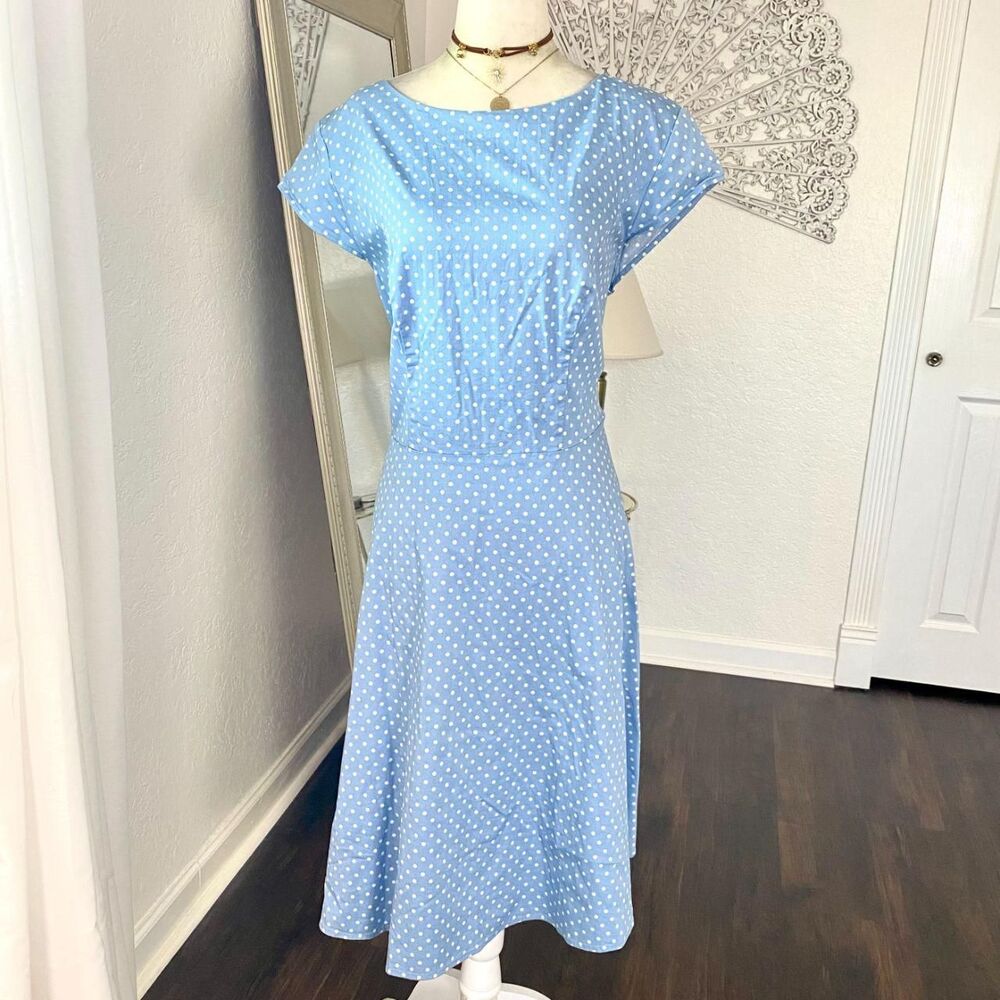 Plus Size Light Blue White A-Line Cotton Polkadot Midi Summer Dress XXL